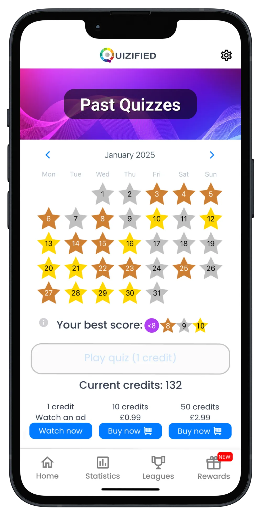 Screenshot of Quizified past quizzes